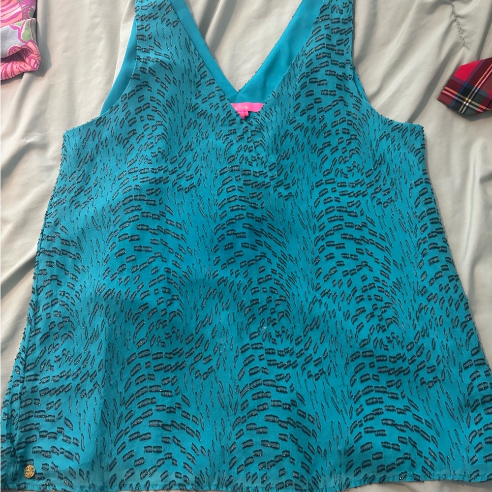Lilly Pulitzer Teal and Black Patterned Blouse